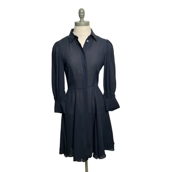Theory Women's Navy Blue Silk Collared Button Front Mini Shirt Dress Size 0 - Picture 2 of 11